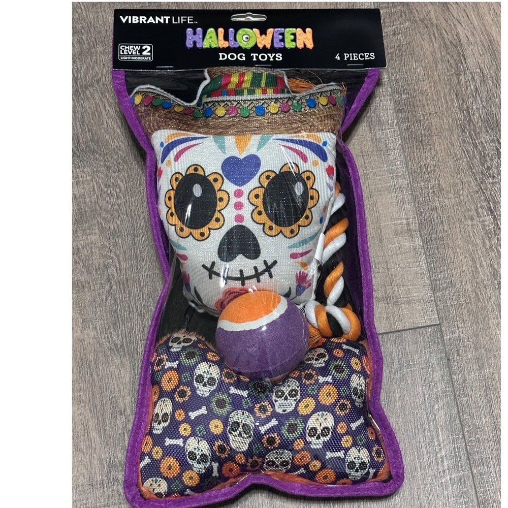 Vibrant Life Halloween Dog Toys 4 Piece Set Sugar Skull Day of the Dead Chew NWT